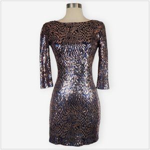 Rubber Ducky Navy Blue Rose Gold Sequin Stretch Low Back Bodycon Mini Dress S